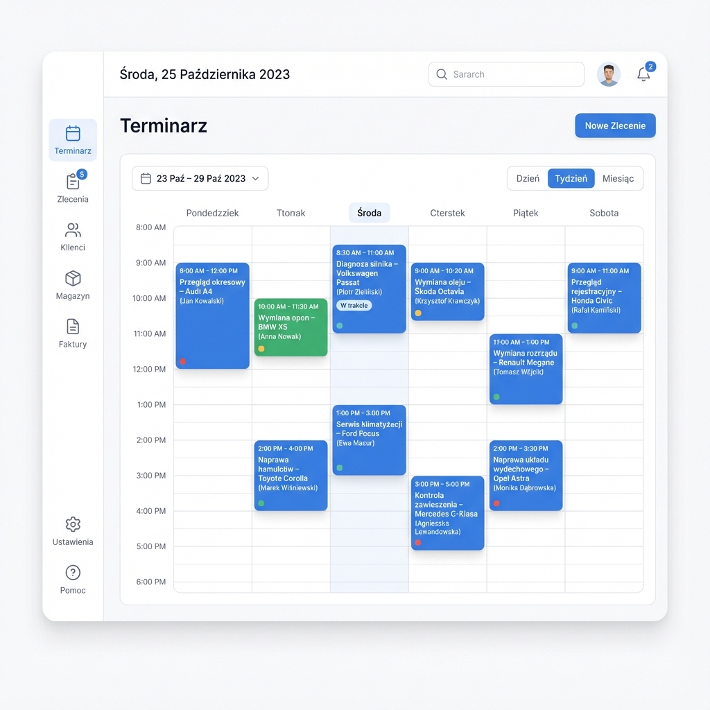 Panel zarządzania mWarsztat - terminarz i zlecenia