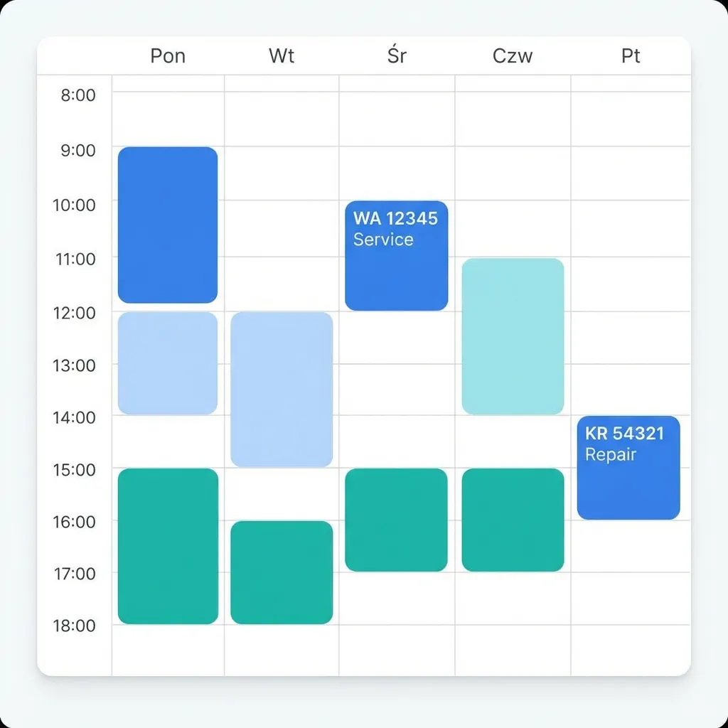 Terminarz zleceń w mWarsztat — widok tygodniowy z planowaniem pracy mechaników
