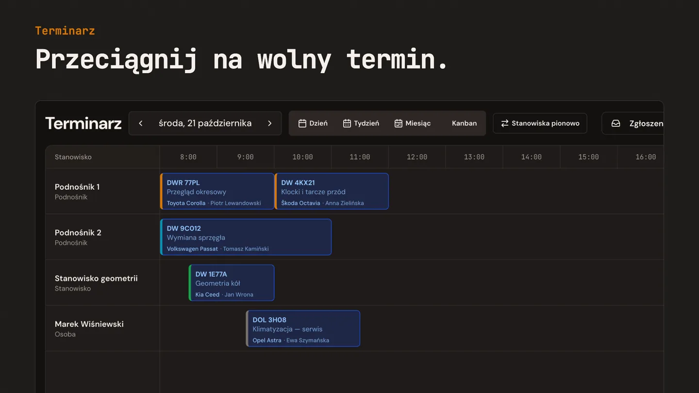 Terminarz mWarsztat, widok dnia: zlecenie Škody Octavii DW 4KX21 przeniesione na Podnośnik 1 na godzinę 10:00.